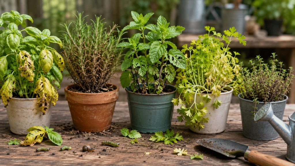 harvesting fresh herbs from garden