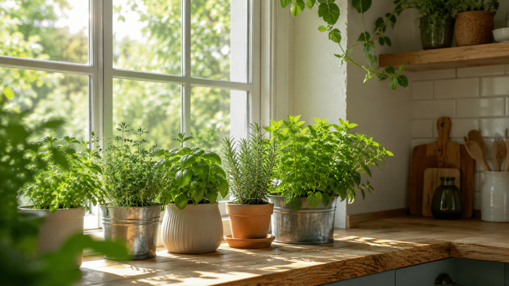indoor herb garden in pots