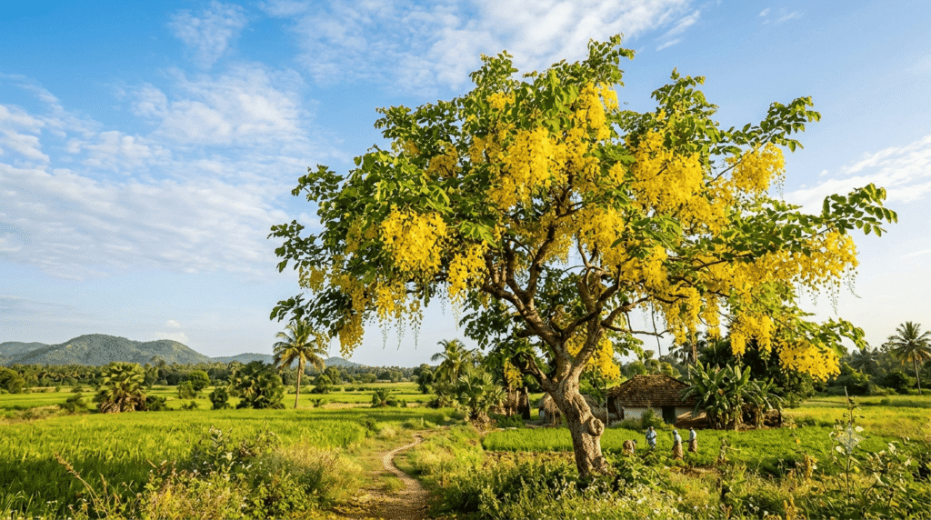 Pinnate green leaves of the golden shower tree used for plant identification