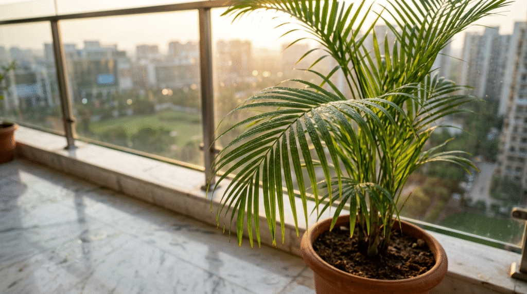 Parlour Palm plant on a wooden side table