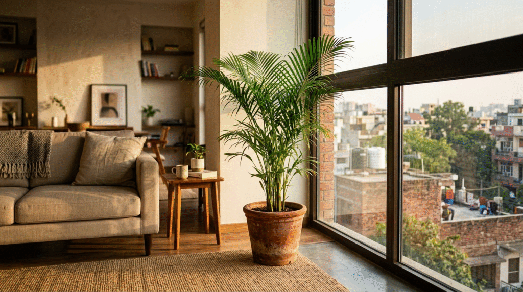 Palm plant in a bright living room corner