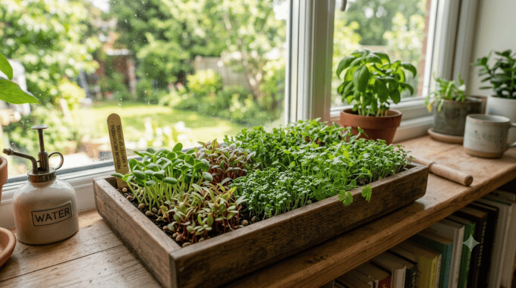 Tray of microgreen seeds growing at home