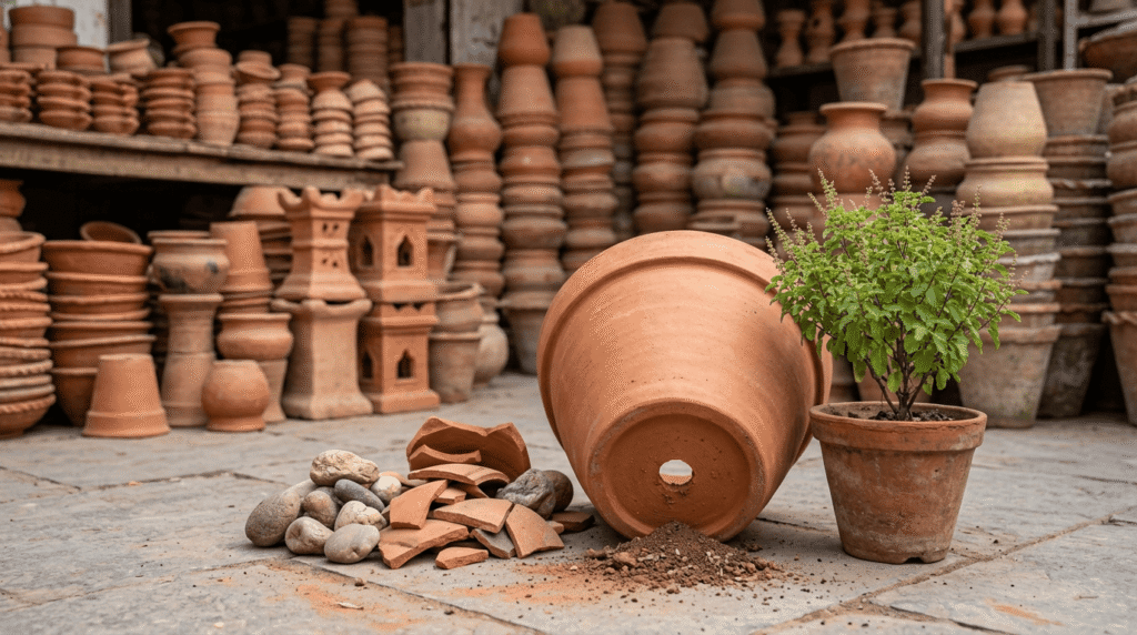 Terracotta tulsi plant pot with drainage hole