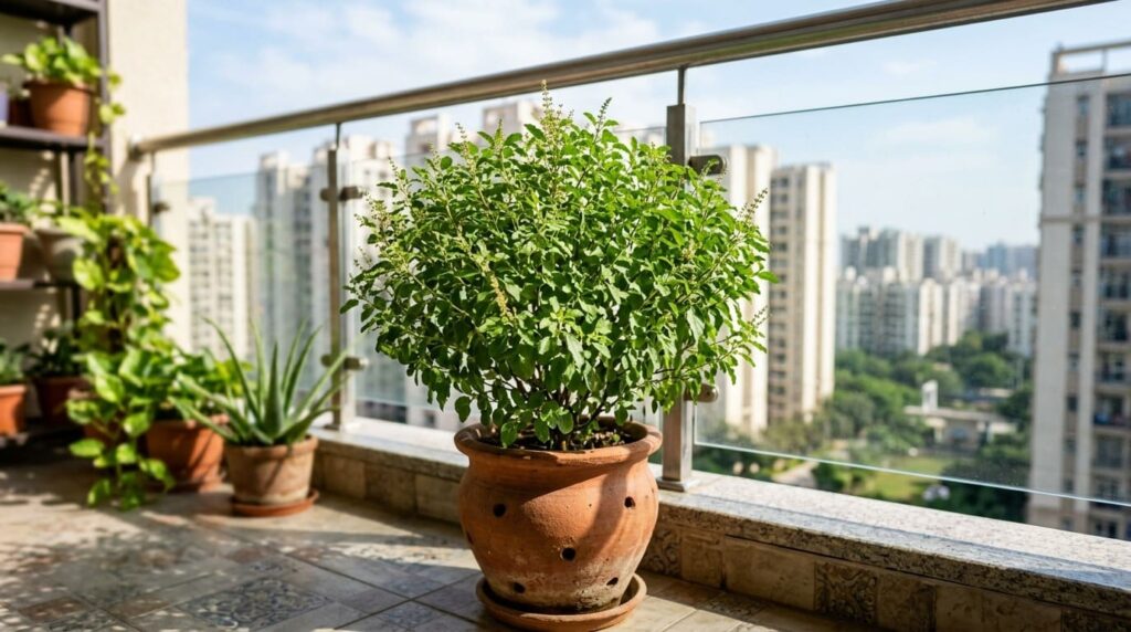 Tulsi plant growing in a terracotta pot on a sunny balcony