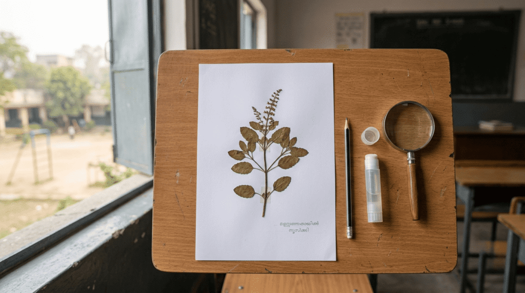 Herbarium sheet of tulsi plant with labelled parts