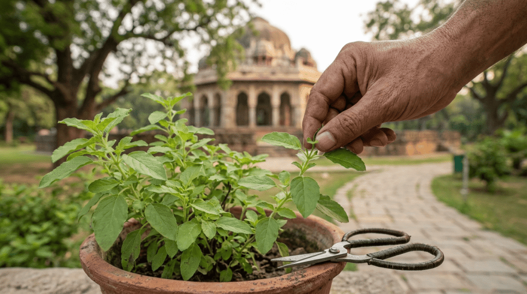Pruning tulsi plant by pinching above a leaf node