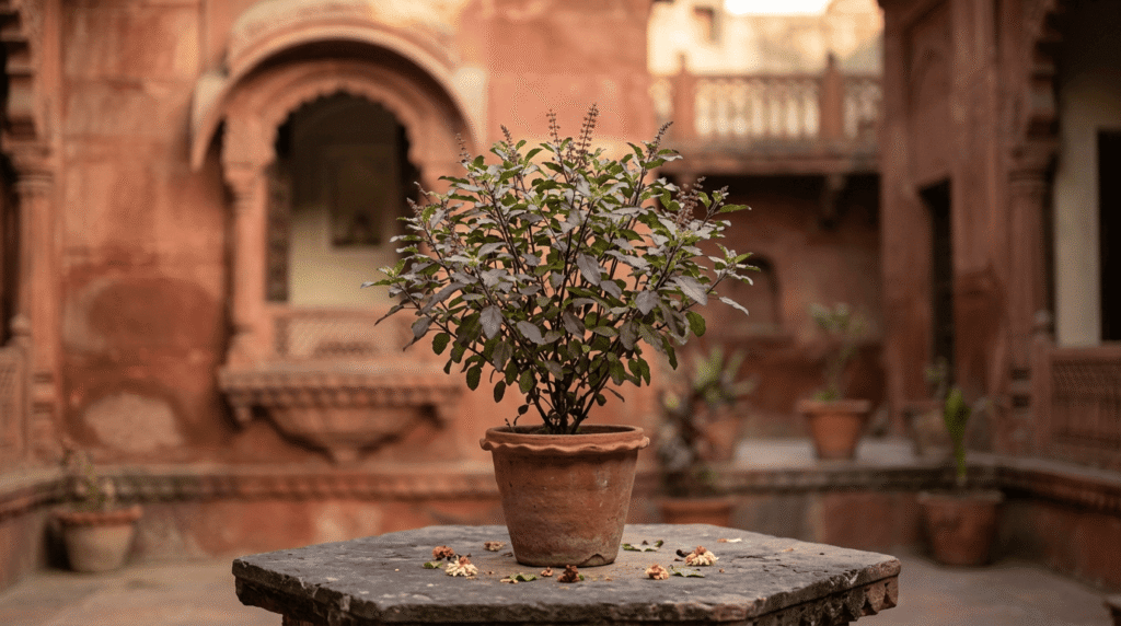 Krishna tulsi plant with purple-green leaves, also called black tulsi