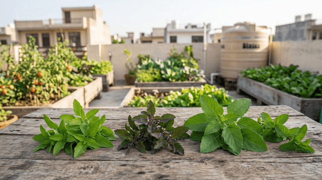 Laung tulsi, tilak tulsi and mint tulsi leaves compared