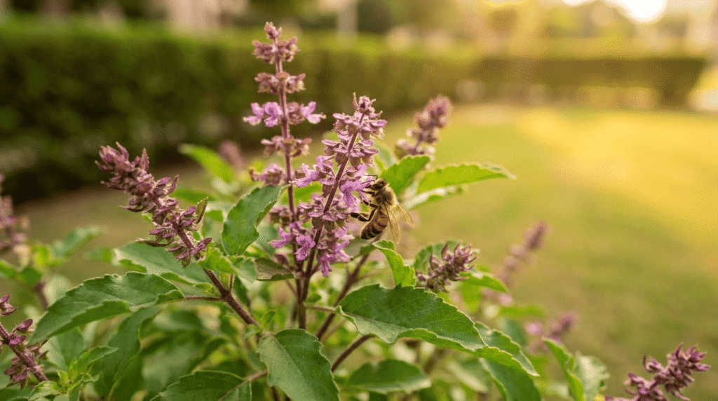 Close-up of tulsi plant leaves and flowering manjari