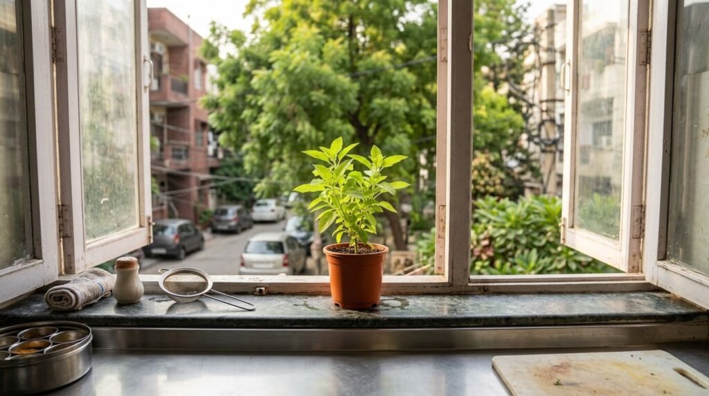 Rama tulsi plant with light green leaves in a small pot