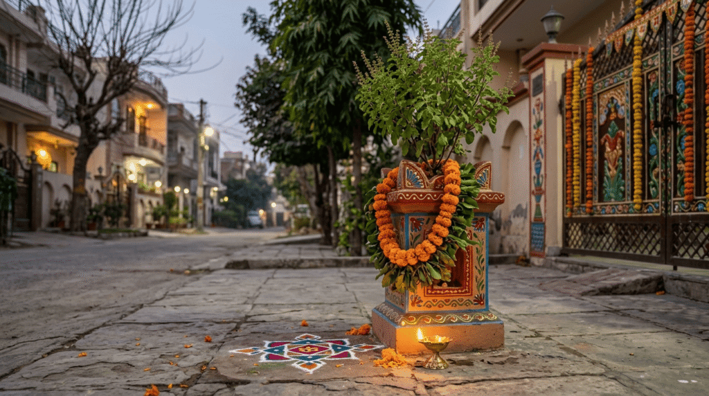 Tulsi Vrindavan with diya and marigold for tulsi plant decoration