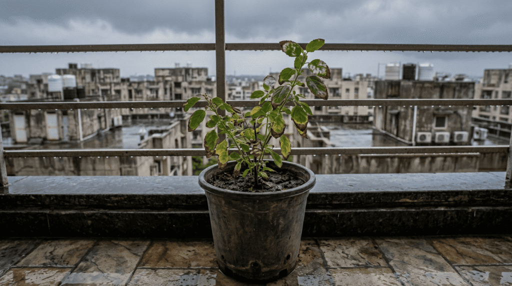 Dying tulsi plant with brown leaves and white fungus