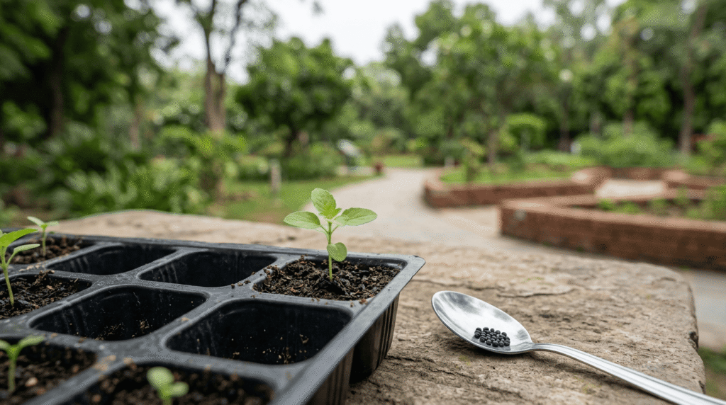 Small tulsi plant sapling next to tulsi seeds