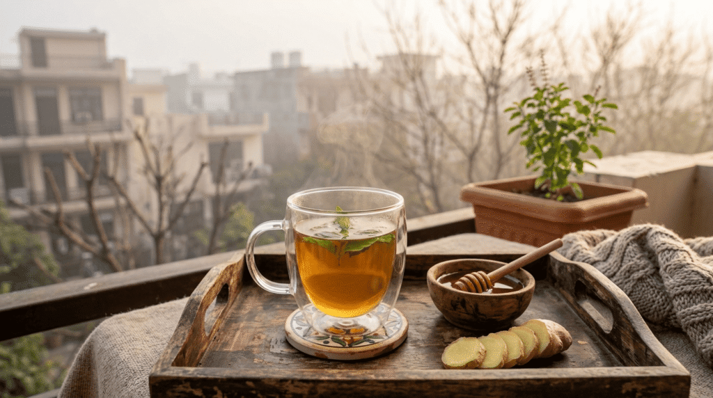 Cup of tulsi tea with fresh leaves, one of many tulsi plant uses