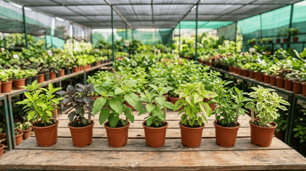 Types of tulsi plant compared side by side by leaf colour