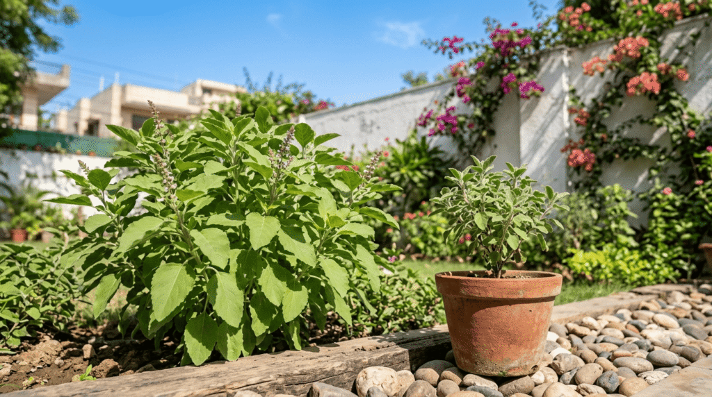 Vana tulsi and Kapoor tulsi plant growing together