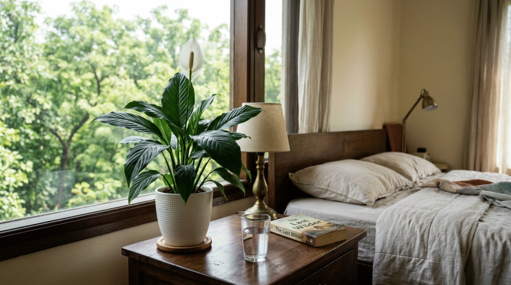 ZZ plant with glossy leaves in a low-light bedroom corner